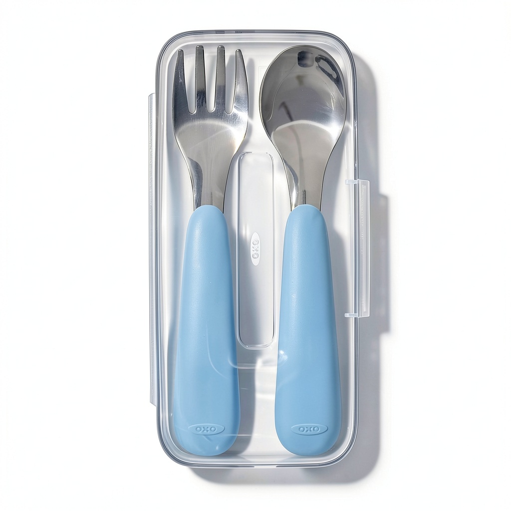 Installing OXO Tot Stainless Steel Fork and Spoon Set for Toddlers on a kitchen counter