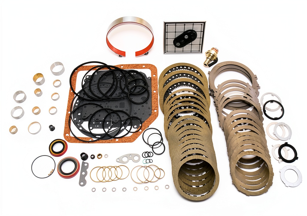 Alto TH350 transmission rebuild kit components laid out on a workbench