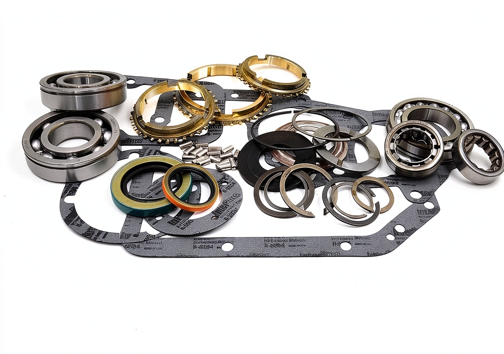Technician installing SM465 transmission rebuild kit in a garage