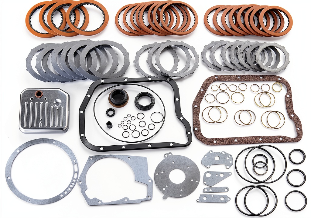 Transmission rebuild kit components laid out on a workbench