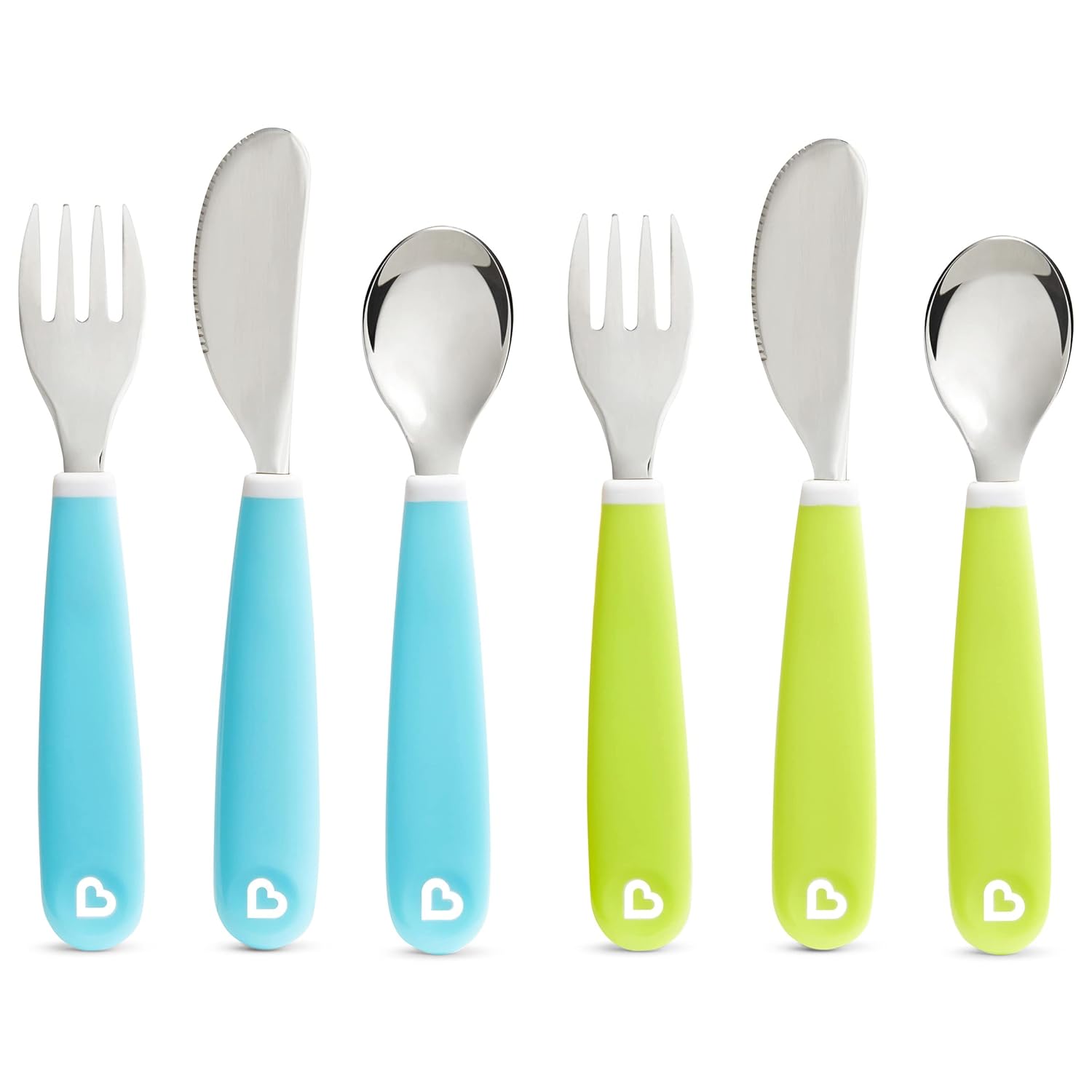 Installing Munchkin Toddler Flatware Sets Pink Purple Utensils 6 Piece on a wooden kitchen counter